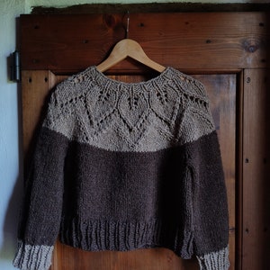 Alpaca wool nordic jumper hand knitted with lace leaves pattern, round neck top down natural colours melange, woollen scandi style pullover image 5