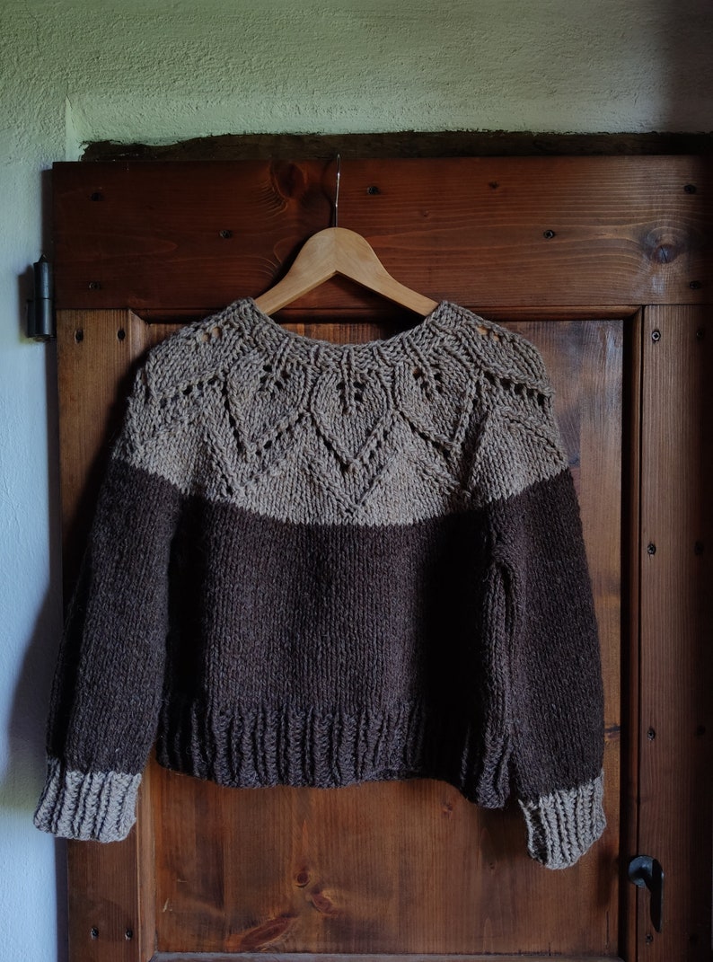 Alpaca wool nordic jumper hand knitted with lace leaves pattern, round neck top down natural colours melange, woollen scandi style pullover image 5