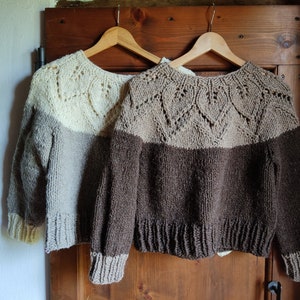 Alpaca wool nordic jumper hand knitted with lace leaves pattern, round neck top down natural colours melange, woollen scandi style pullover image 1