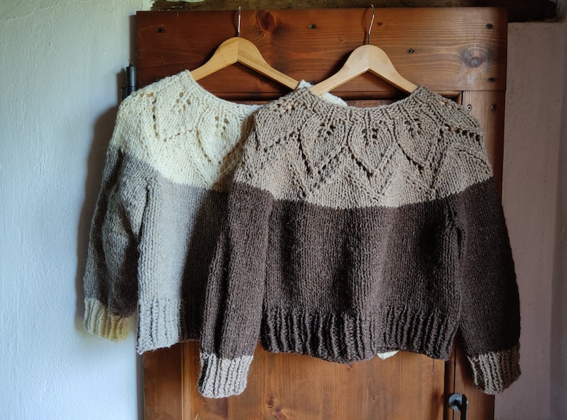 Alpaca wool nordic jumper hand knitted with lace leaves pattern, round neck top down natural colours melange, woollen scandi style pullover image 1