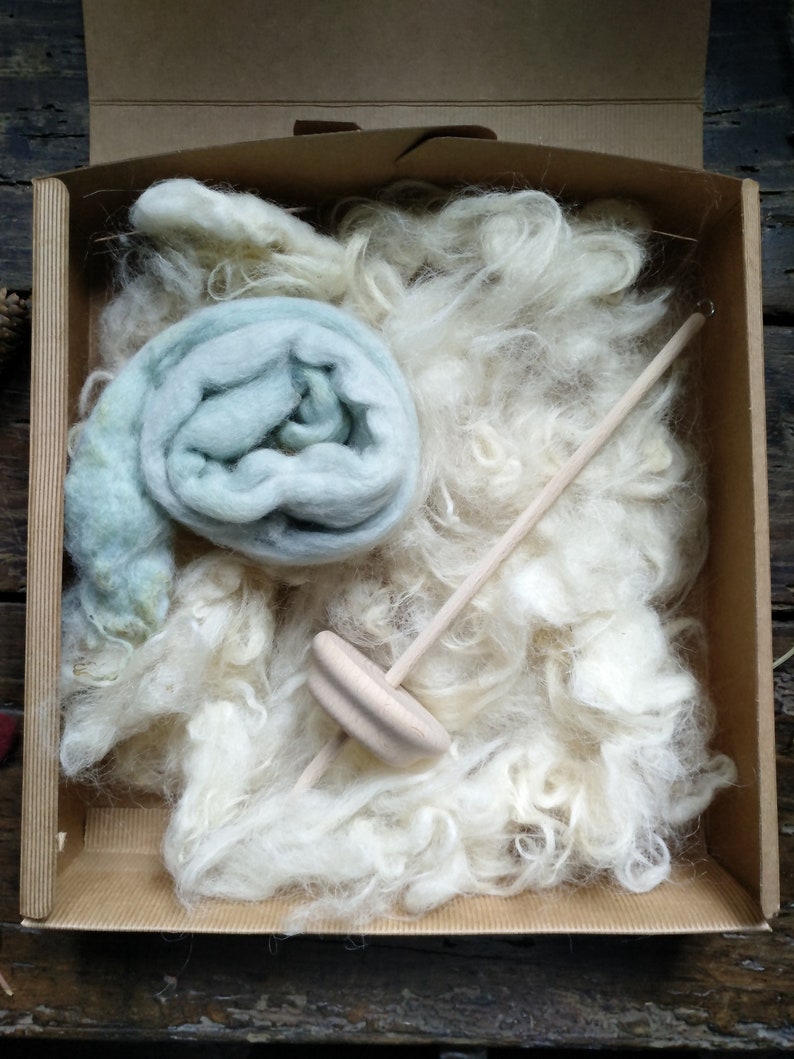 Spinning kit with drop spindle and wool tops. Creativity box gift for beginner spinner with plant dyed fleece and wooden tool vikings style image 2