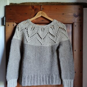 Alpaca wool nordic jumper hand knitted with lace leaves pattern, round neck top down natural colours melange, woollen scandi style pullover image 2