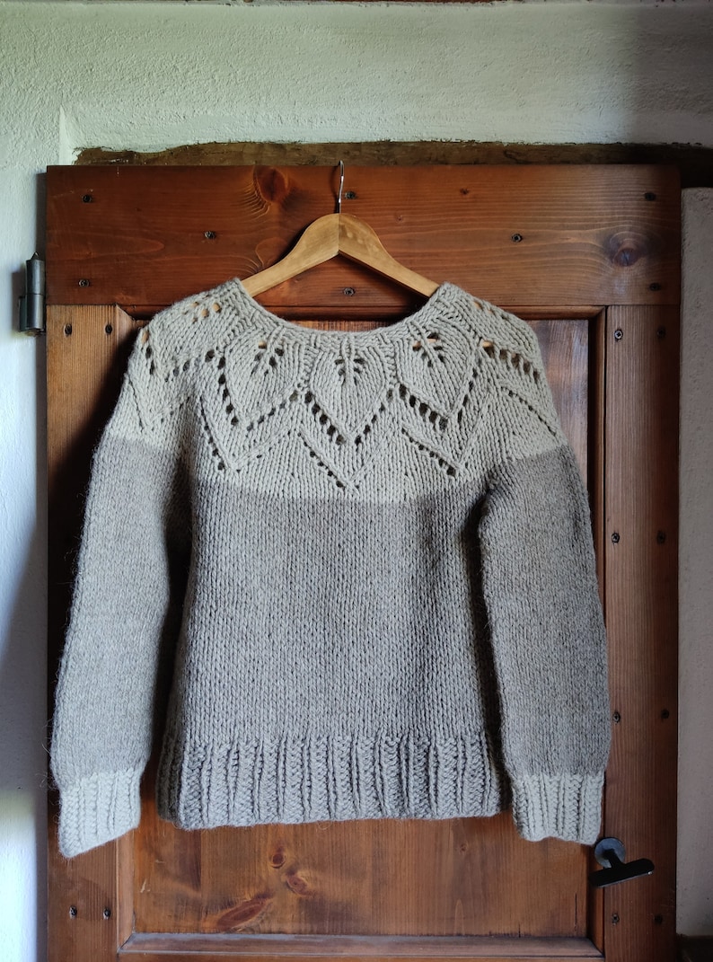 Alpaca wool nordic jumper hand knitted with lace leaves pattern, round neck top down natural colours melange, woollen scandi style pullover image 2
