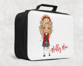 Personalised School Girl Lunch Box -  Girls lunch box, water bottle, snack box, backpack, Customisable, school colours, choice of hair style