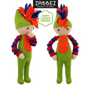 Peut inclure: Deux poupées en crochet avec des corps verts, des bras rayés orange et rouge et des chapeaux de fleurs colorés. Les poupées sont debout sur un fond blanc. Le texte "HAPPY FLOWER FRIENDS" est dans une bulle de dialogue au-dessus des poupées.
