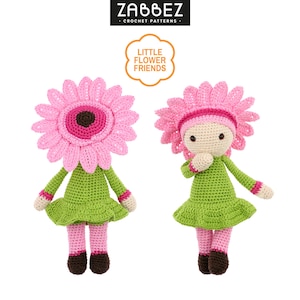 Op de afbeelding: Twee gehaakte poppen met roze bloemenhoofden en groene jurken. De poppen maken deel uit van een collectie haakpatronen genaamd "Little Flower Friends".