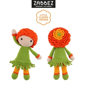 Könnte beinhalten: Zwei gehäkelte Puppen mit orangefarbener und grüner Kleidung. Die Puppe links hat rote Haare und die Puppe rechts hat eine große orange Blume auf dem Kopf. Die Puppen sind Teil der Häkelmuster-Kollektion "Little Flower Friends".