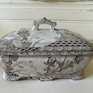 May include: A white and brown ceramic lidded dish with a floral and geometric pattern. The dish has a rectangular shape with a handle on the lid. The design features detailed botanical illustrations and decorative borders.
