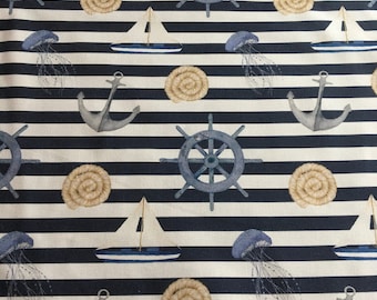 Nautical sailing boat , navy stripe 100% cotton canvas fabric