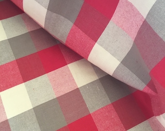 Woven heavy weight cotton canvas fabric, buffalo check ,upholstery , soft furnishing reds, beige and cream
