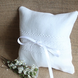 Pure white linen ring bearer pillow with white cotton lace and white satin ribbon