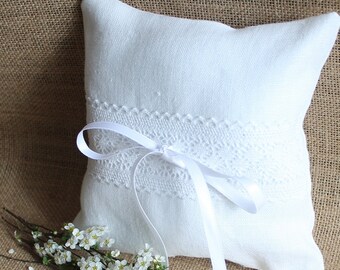 Pure white linen ring bearer pillow with white cotton lace and white satin ribbon