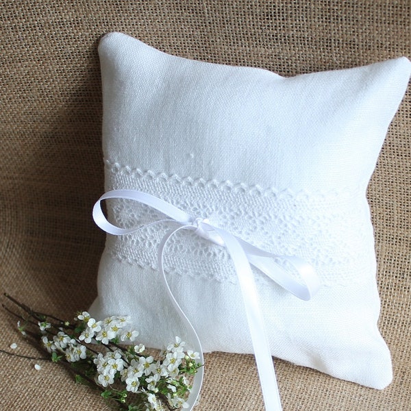 Pure white linen ring bearer pillow with white cotton lace and white satin ribbon