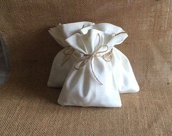 Ivory/light cream 100% cotton wedding favor bags, baptism, gift bags ,jewellery packaging bags with twine or satin ribbon