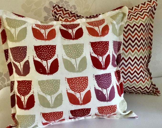 Pair of cushions in co-ordinating cotton canvas fabric including pads 16" x16"