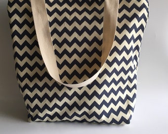 Lined Tote bag in zig zag ble and cream canvas, shopping , reusable