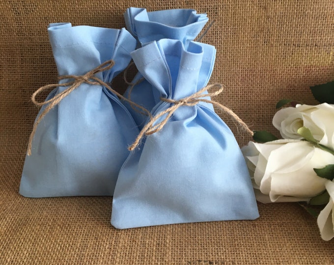Baby Blue Cotton favour, baptism, gift bags with twine, white or ivory satin ribbon
