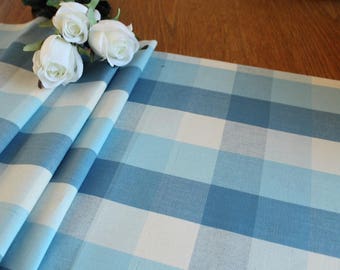 Table runner in buffalo check  blues and cream yarn dyed woven cotton