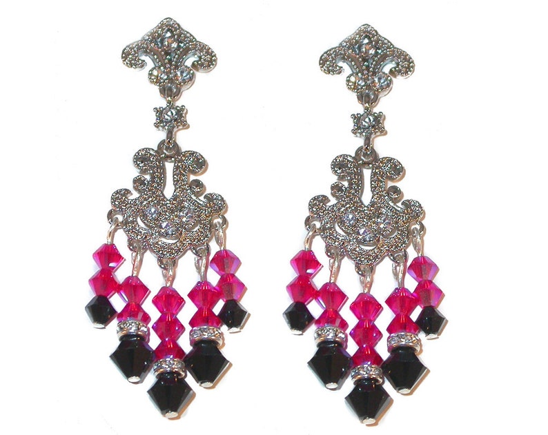 HOT PINK & Jet BLACK Chandelier Earrings Silver Prom Formal Etsy