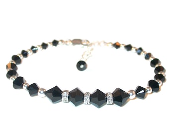 JET BLACK Beaded Bracelet Swarovski Crystal Elements Sterling Silver Handcrafted