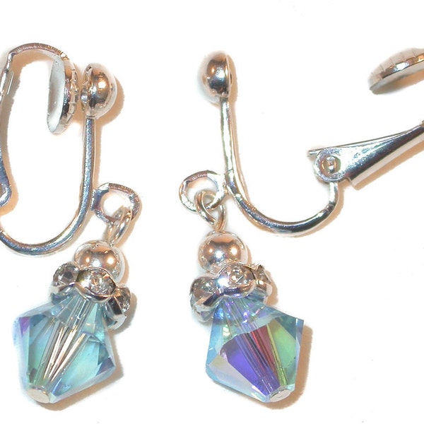 AQUAMARINE Blue Crystal MARCH Birthstone Earrings 8m Sterling Silver Swarovski Elements Clip-on & Pierced