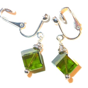 OLIVINE Green Crystal Diagonal 8mm Cube Earrings Sterling Silver Swarovski Elements