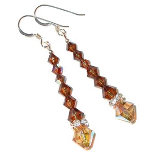 Swarovski Elements Crystal Earrings Long Dangle 2-tone TOPAZ BROWN - Clip-on or Pierced