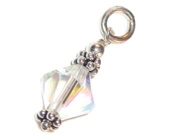 APRIL Birthstone Pendant 8mm Crystal CLEAR AB Charm Dangle Bali Sterling Silver Swarovski Element