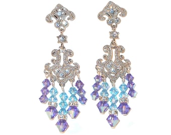 Swarovski Crystal Chandelier Earrings Handcrafted TANZANITE Purple & AQUAMARINE Blue Formal Prom Pageant