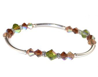 OLIVE GREEN & TOPAZ Brown Crystal Bracelet Bali Sterling Silver Stretch Handcrafted