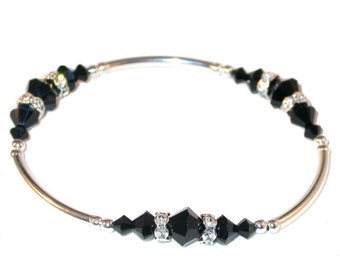 JET BLACK Crystal Bracelet Stretch Sterling Silver Handcrafted