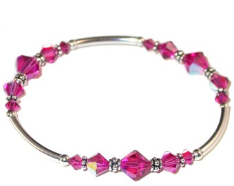 FUCHSIA PINK Crystal Bracelet Bali Sterling Silver Stretch Handcrafted