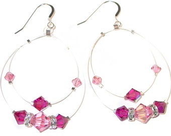 Floating SWAROVSKI CRYSTAL 2-Tone Pink Earrings Sterling Silver FUCHSIA Elements Chandelier on Illusion