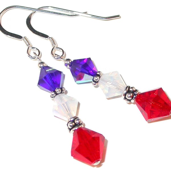 Patriotic RED WHITE BLUE Crystal Earrings Sterling Silver Swarovski Earrings  - Clip-on or Pierced