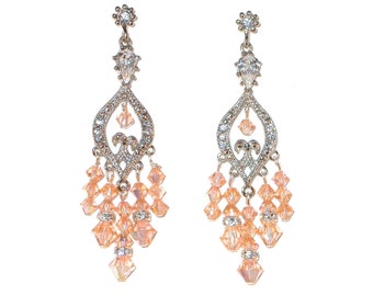PEACH 2.5" Chandelier Crystal Earrings Swarovski Elements Silver Formal Prom Pageant