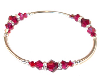 SIAM RED Crystal Bracelet Sterling Silver Handcrafted Stretch-on