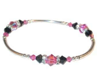 ROSE PINK Jet BLACK Crystal Bracelet Sterling Silver Handcrafted Stretch-on