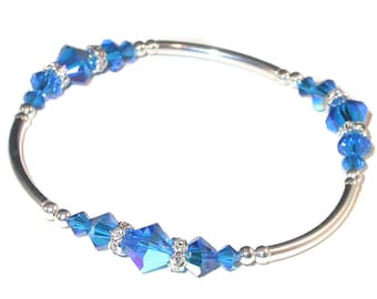 BLUE CAPRI Crystal Bracelet Stretch Sterling Silver Handcrafted Swarovski Elements