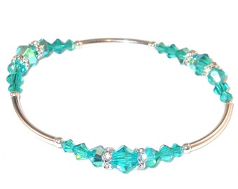 BLUE ZIRCON Teal Crystal Bracelet Stretch Sterling Silver Handcrafted Swarovski Elements