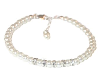 Des éléments en cristal Swarovski 4mm Bracelet perle blanche mariée enfant délicate en argent