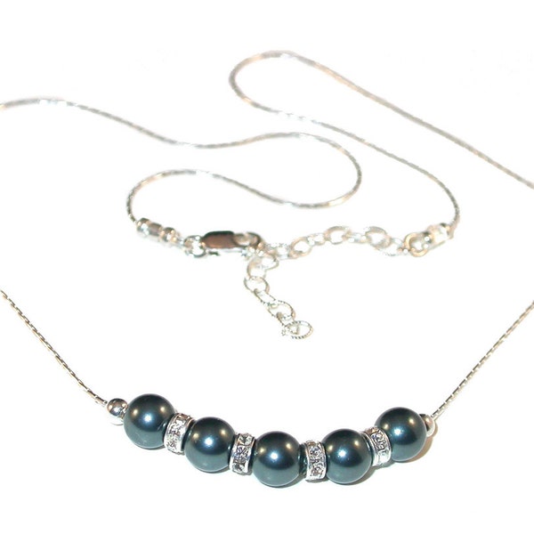 TAHITIAN TEAL Pearl Necklace Bridal Bridesmaid Sterling Silver Swarovski Elements