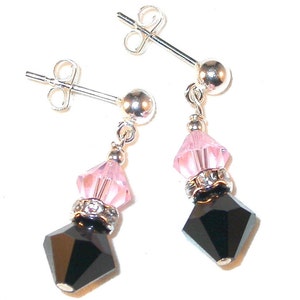 Pale ROSALINE Pink & JET Black Crystal Earrings Sterling Silver Dangle Swarovski Elements
