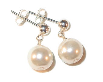 Simple 8mm CREAM Pearl Earrings Drop Silver Dangle Swarovski Elements