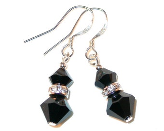 JET BLACK Crystal Earrings Sterling Silver Dangle Swarovski Elements - Clip-on or Pierced