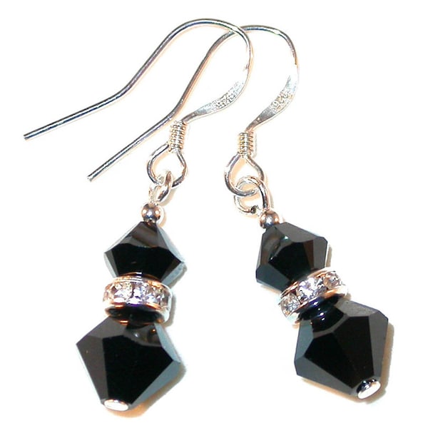 JET BLACK Crystal Earrings Sterling Silver Dangle Swarovski Elements - Clip-on or Pierced