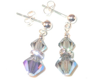 BLACK DIAMOND Grey Crystal Earrings Sterling Silver Swarovski Elements - Clip-on or Pierced