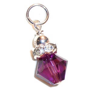 February Birthstone Charm AMETHYST Purple Dangle 8mm Sterling Silver Swarovski Crystal Elements