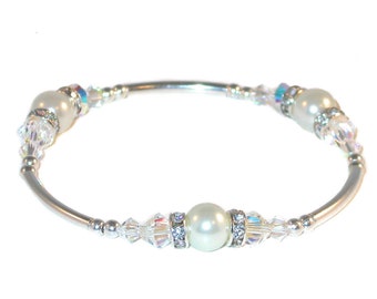 Clear AB Crystal WHITE PEARL Bracelet Sterling Silver Handcrafted Swarovski Elements