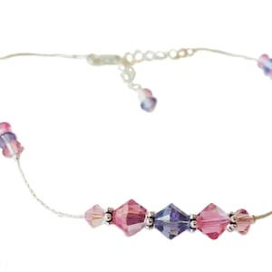 Swarovski Crystal Anklet Sterling Silver PINK PURPLE Light Rose Tanzanite Bali Handcrafted