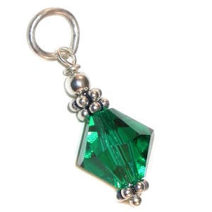 MAY Birthstone Pendant 8mm Crystal Green EMERALD Charm Dangle Bali Sterling Silver Swarovski Element